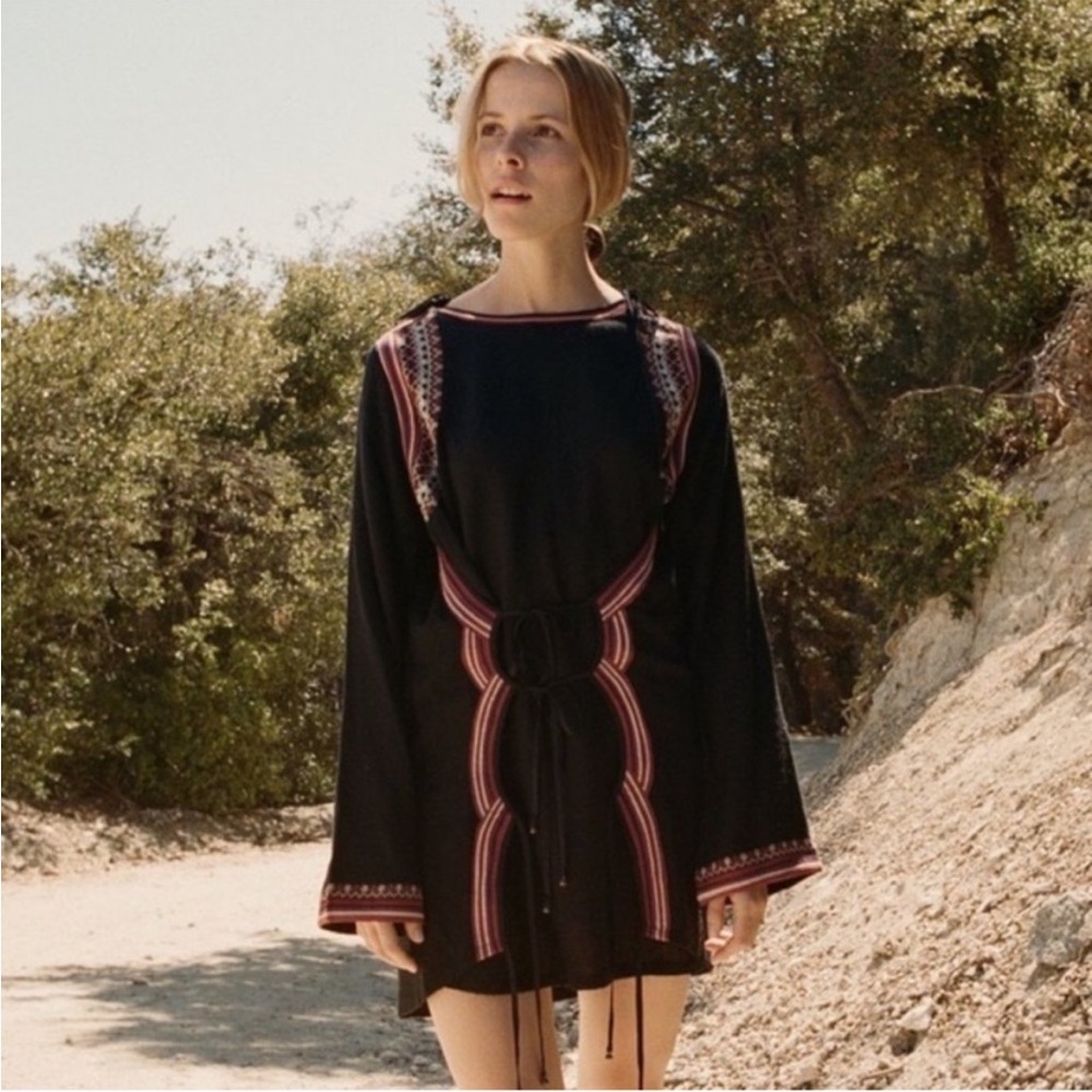 DÔEN 100% Silk Black Puja Embroidered Mini Dress